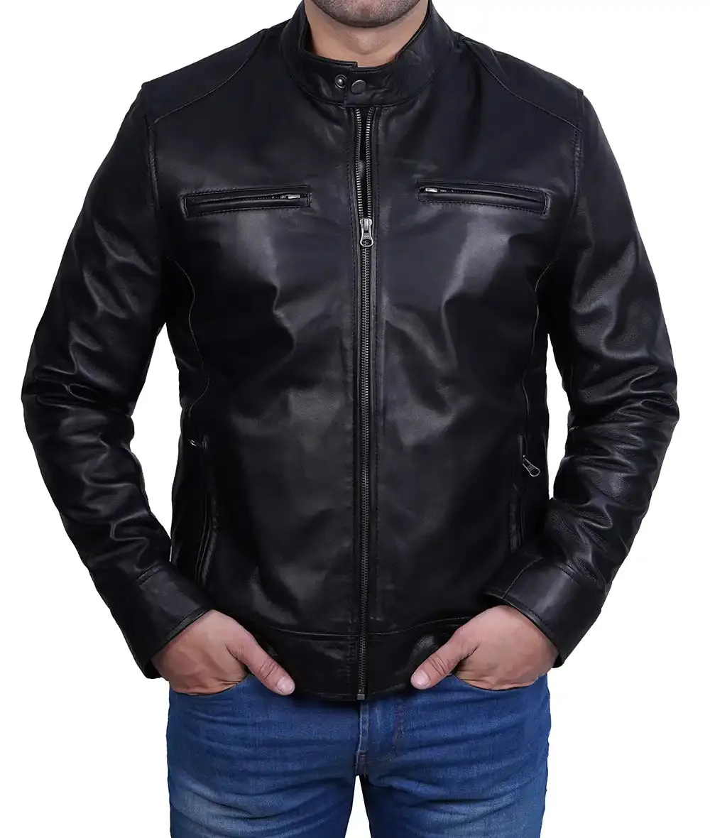 Dodge Mens Black Cafe Racer Leather Biker Jacket