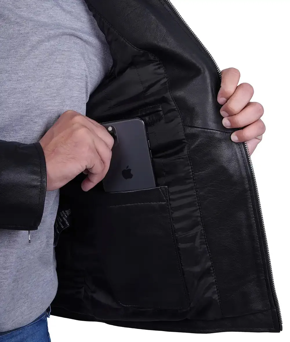 Dodge Mens Black Cafe Racer Leather Biker Jacket