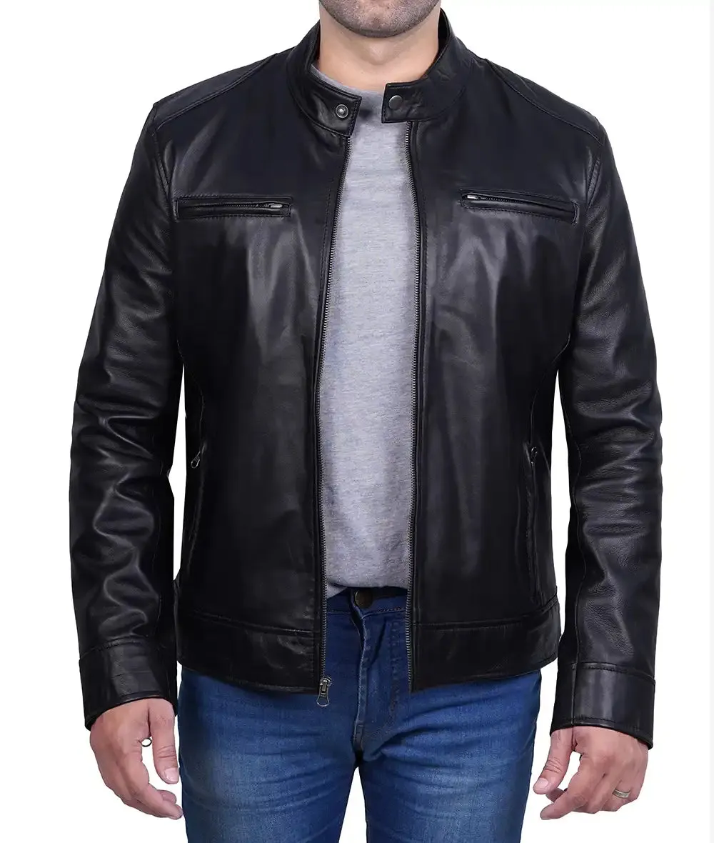 Dodge Mens Black Cafe Racer Leather Biker Jacket
