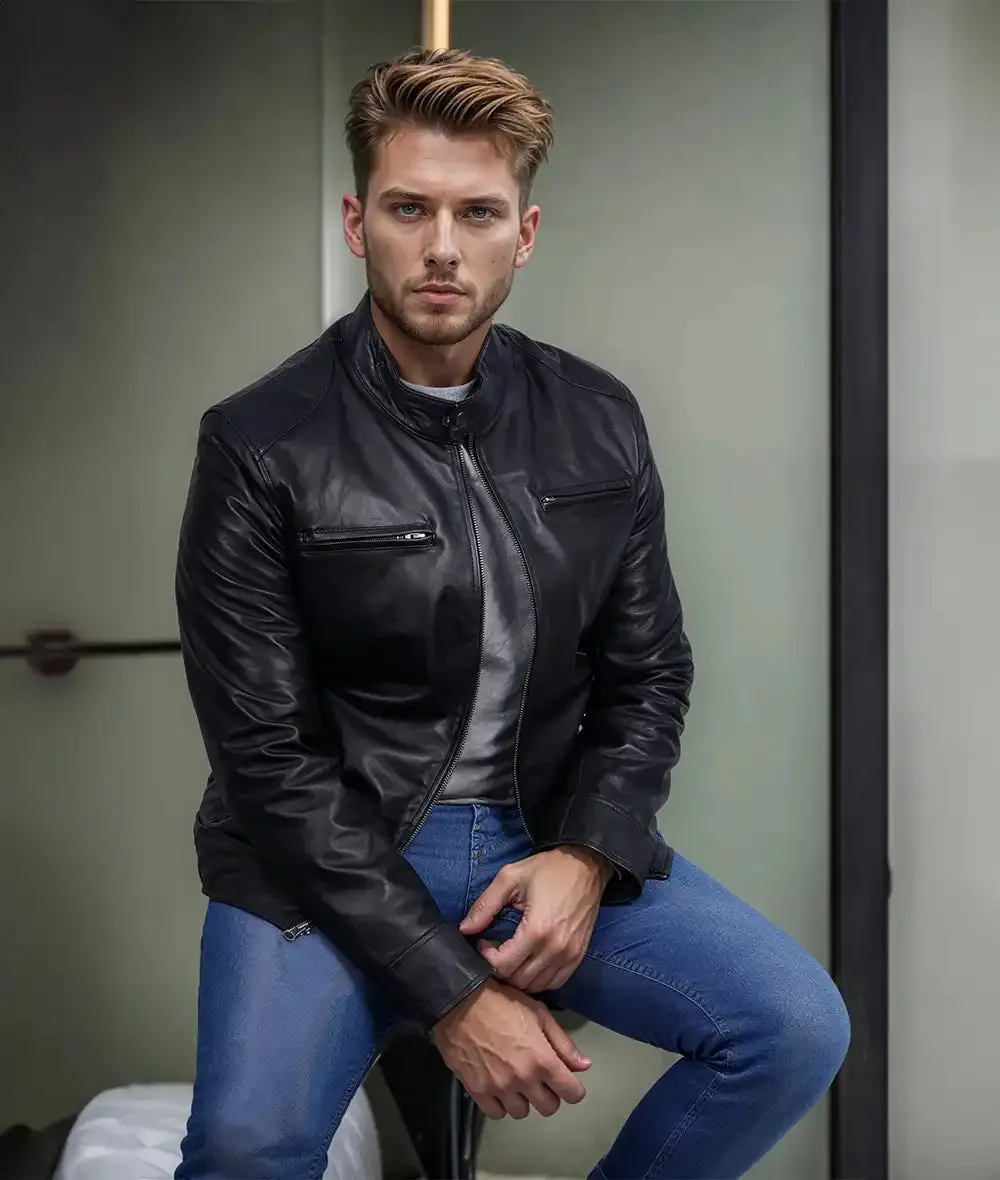 Dodge Mens Black Cafe Racer Leather Biker Jacket