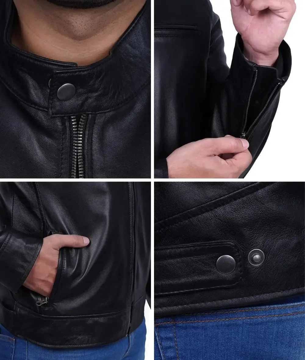 Dodge Mens Black Cafe Racer Leather Biker Jacket