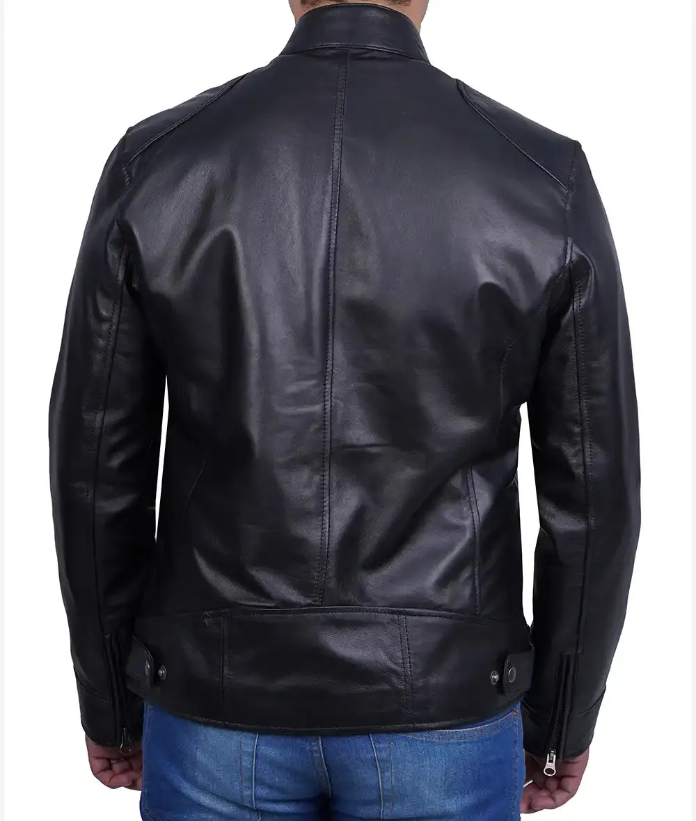 Dodge Mens Black Cafe Racer Leather Biker Jacket