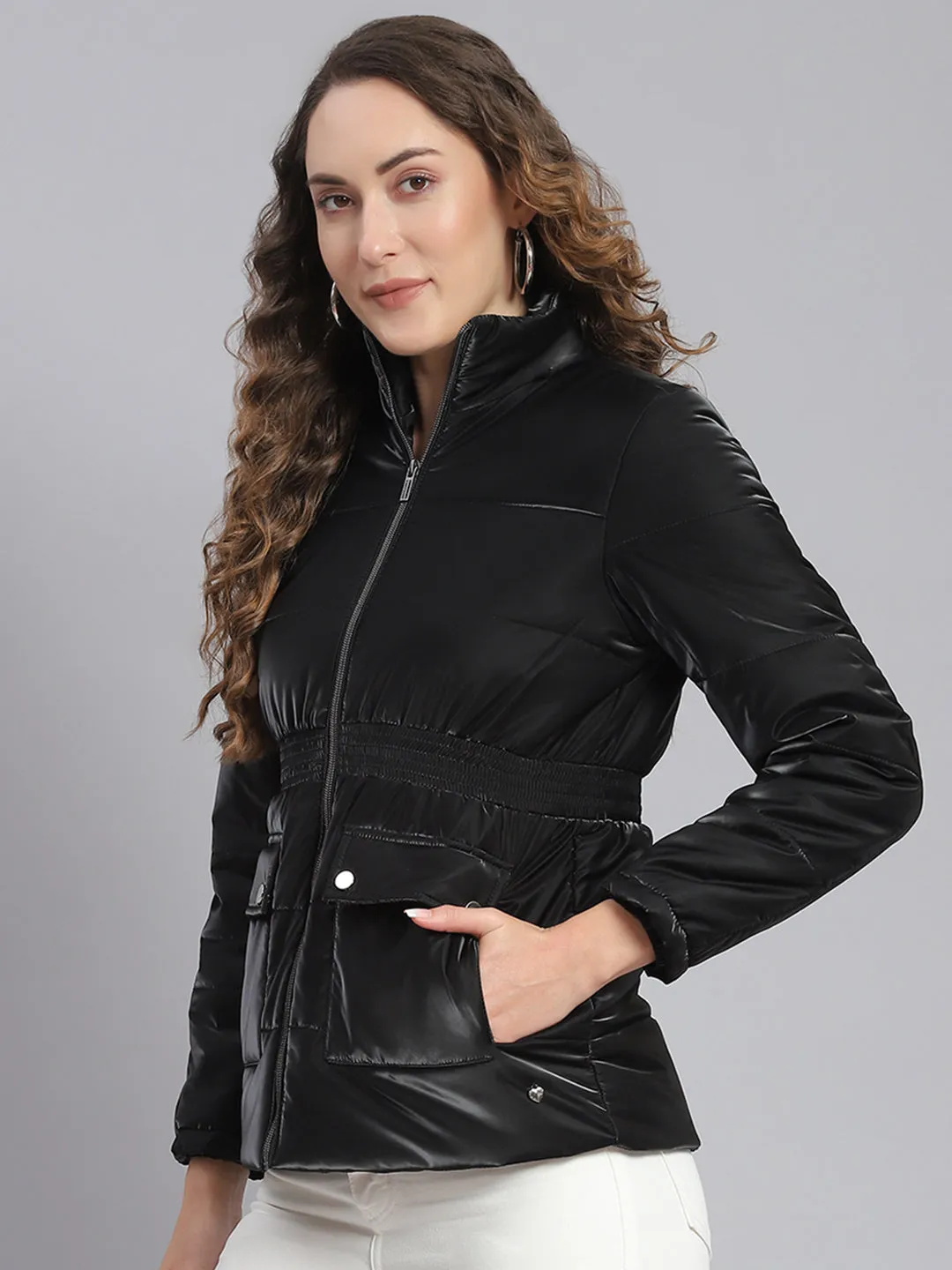 Women Black Solid Stand Collar Full Sleeve Jackets
