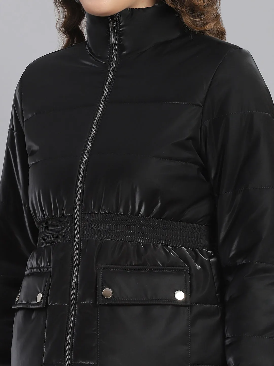 Women Black Solid Stand Collar Full Sleeve Jackets