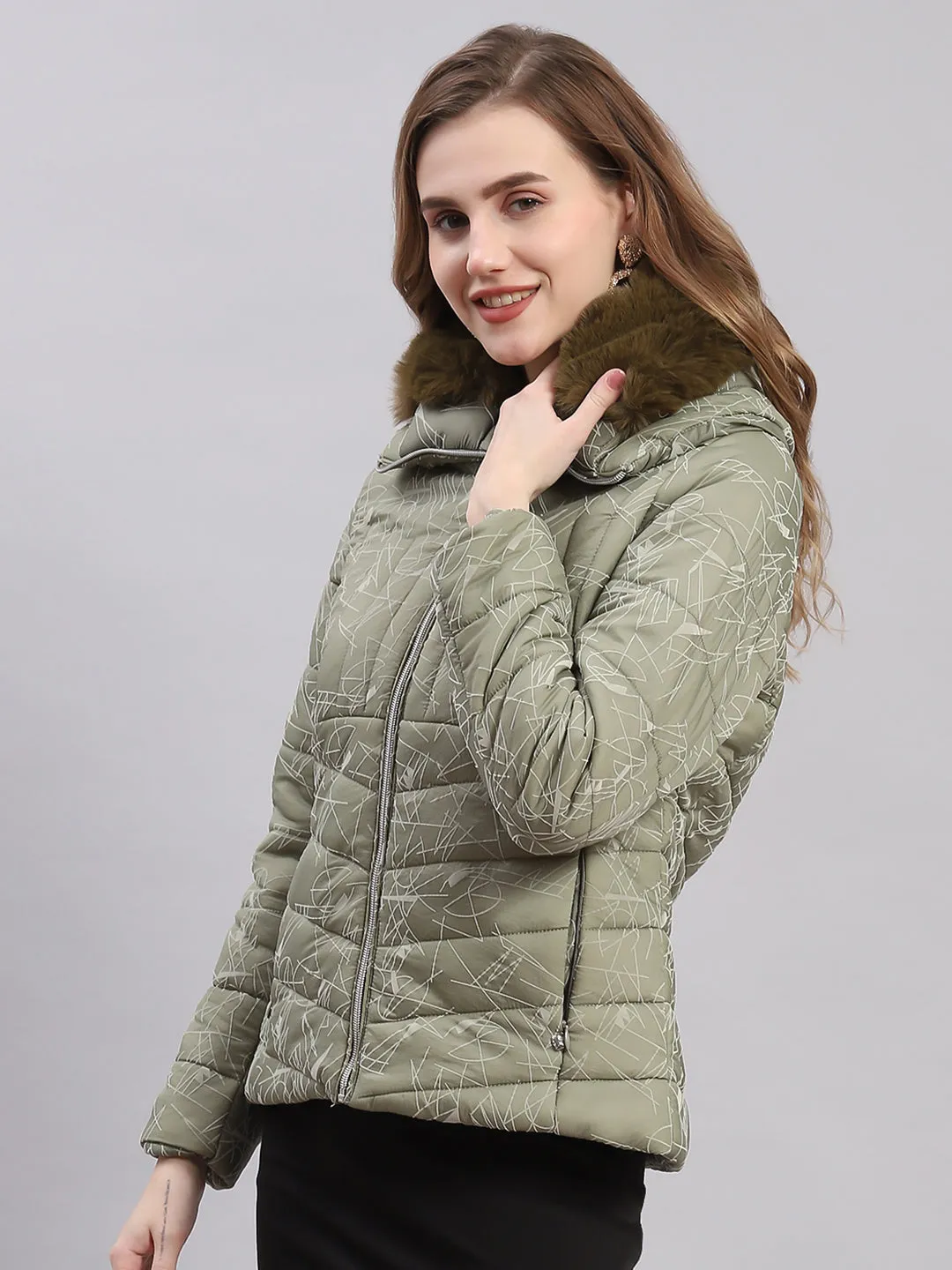 Women Olive Printed Spread Collar Full Sleeve Jackets